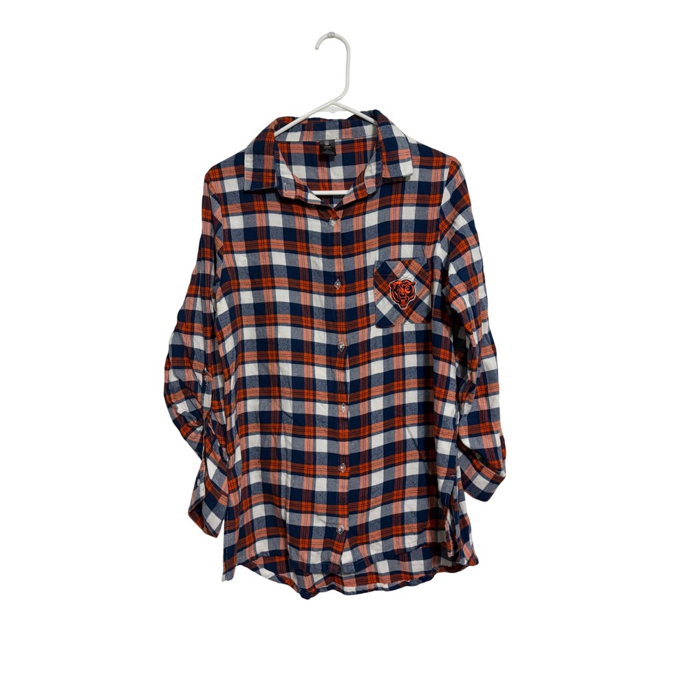 NFL Team Apparel Chicago Bears Plaid Flannel Button Down Shirt Navy Orange L